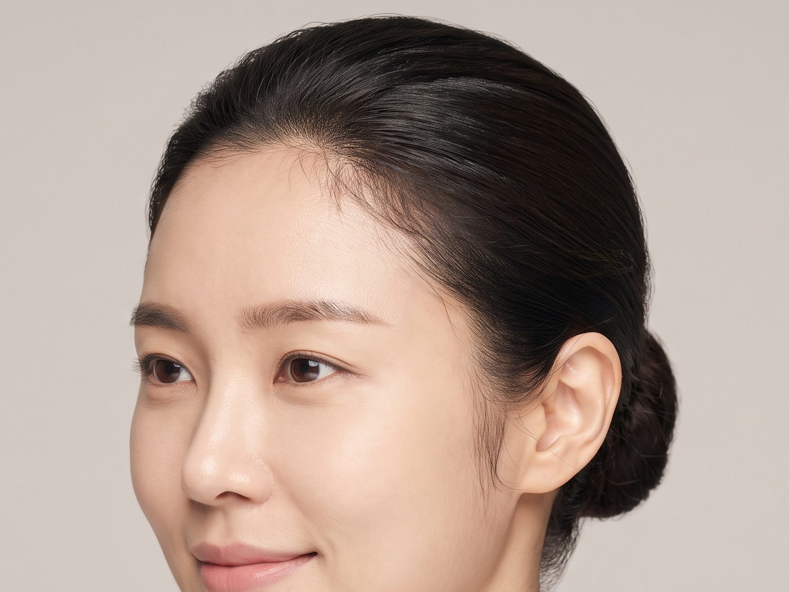 여성 헤어라인의 다섯 자리 — 이마 중앙, M자 깊은 곳, 측두돌기, 옆얼굴, 구레나룻과 귀가 만나는 자리를 보여 주는 가상 인물 사진