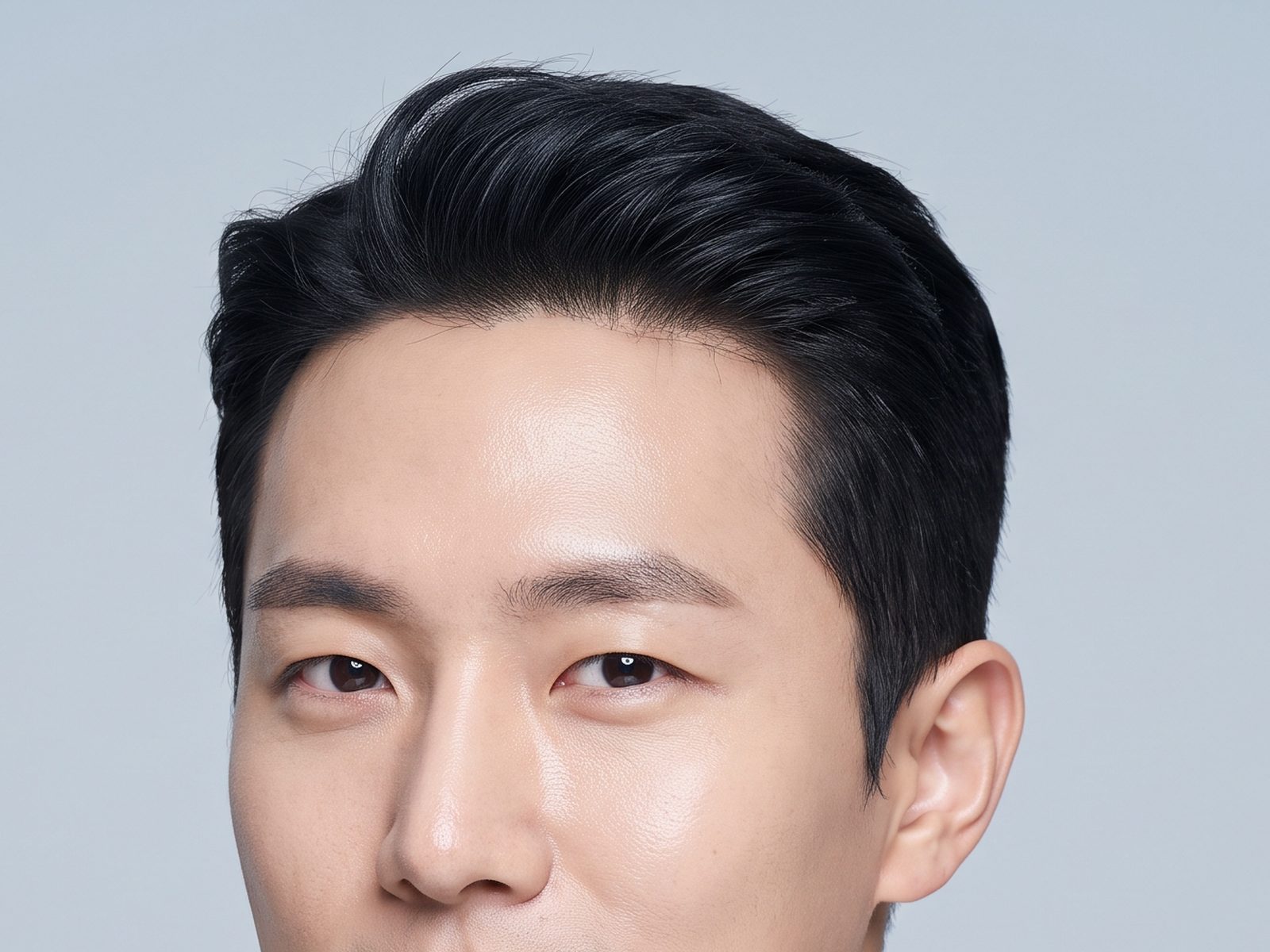 남성 헤어라인의 다섯 지점 — 앞이마 중앙, 이행부, 이마측두각, 측두 모서리, 모발의 각도와 방향을 보여 주는 가상 인물 정면 사진